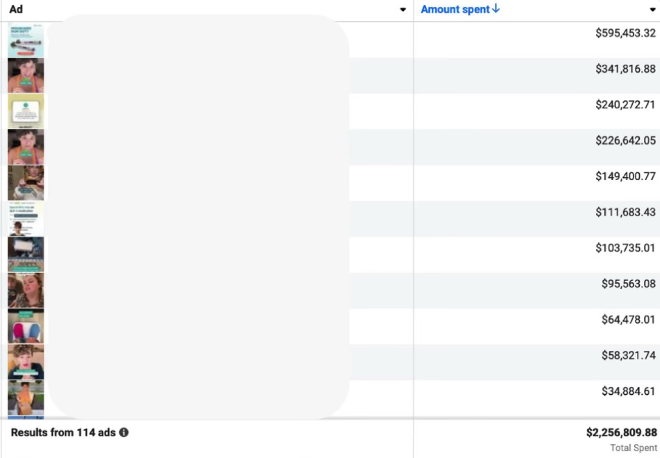 Meta Ads Manager showing a top ad with $595,453 in spend and $2,256,809 total spend across 114 ads